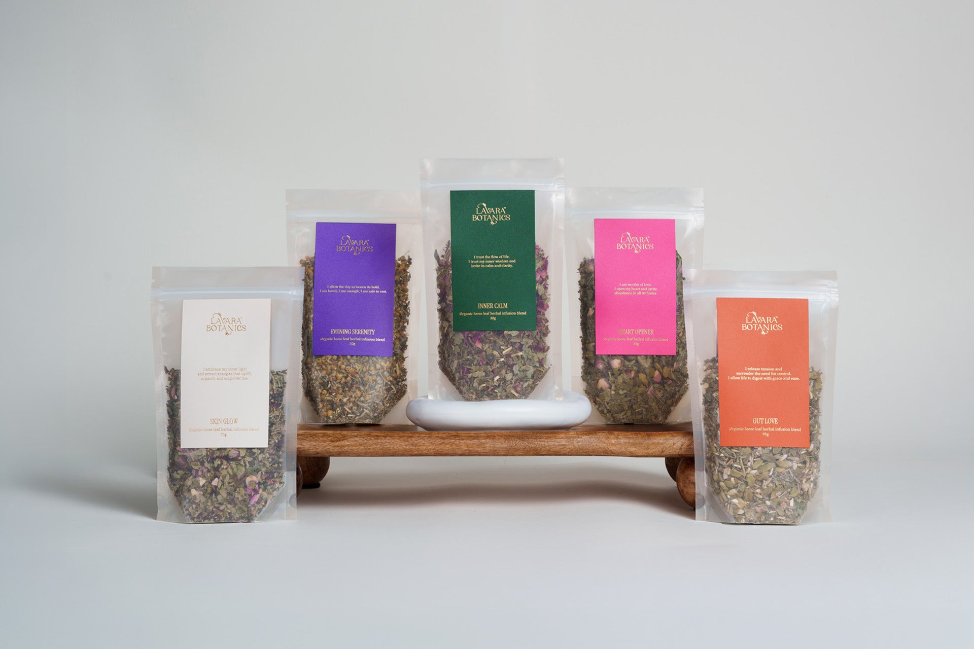 Lavara Botanics organically certified herbal blends against a white background