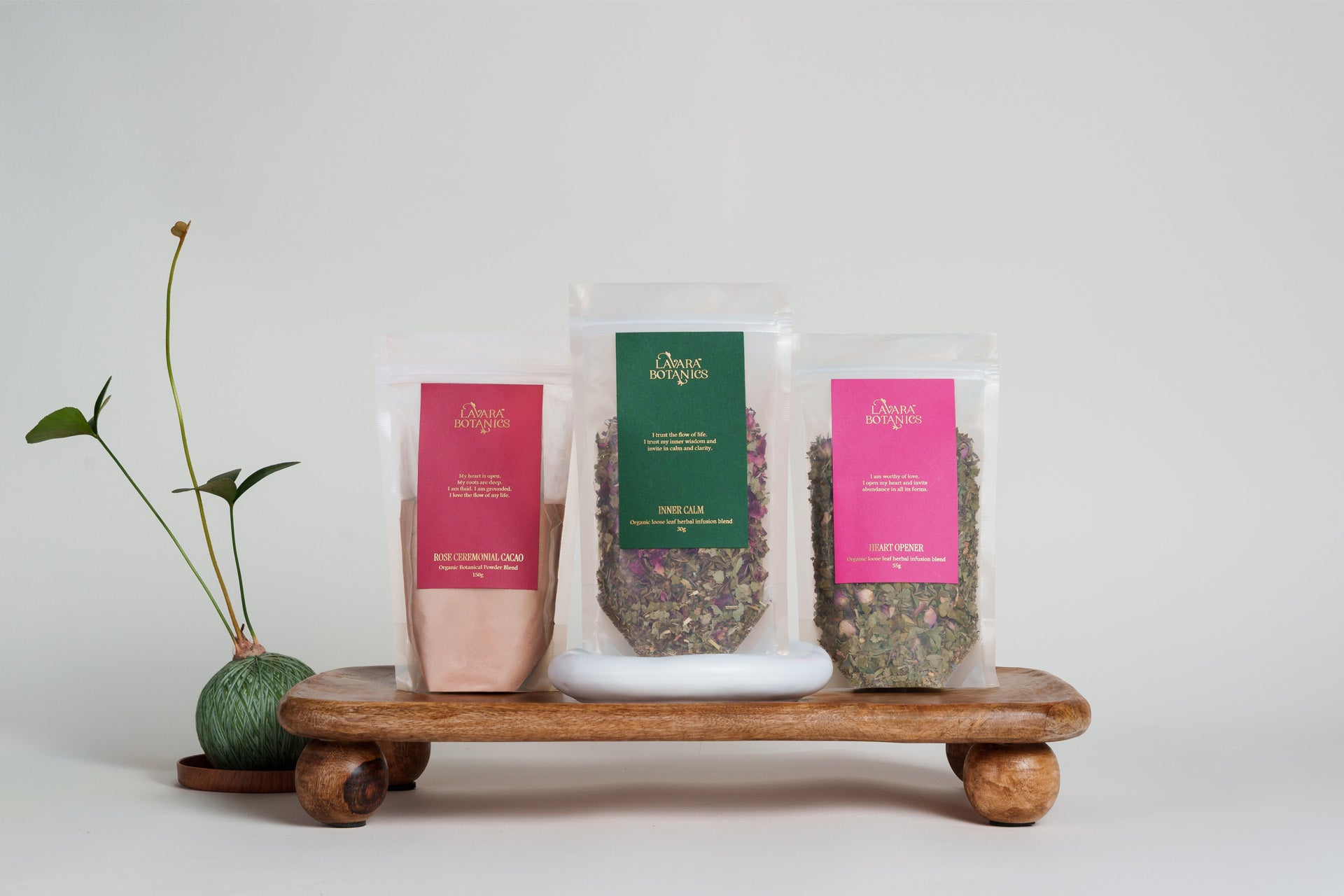 Lavara Botanics organically certified herbal & powdered blends against a white background