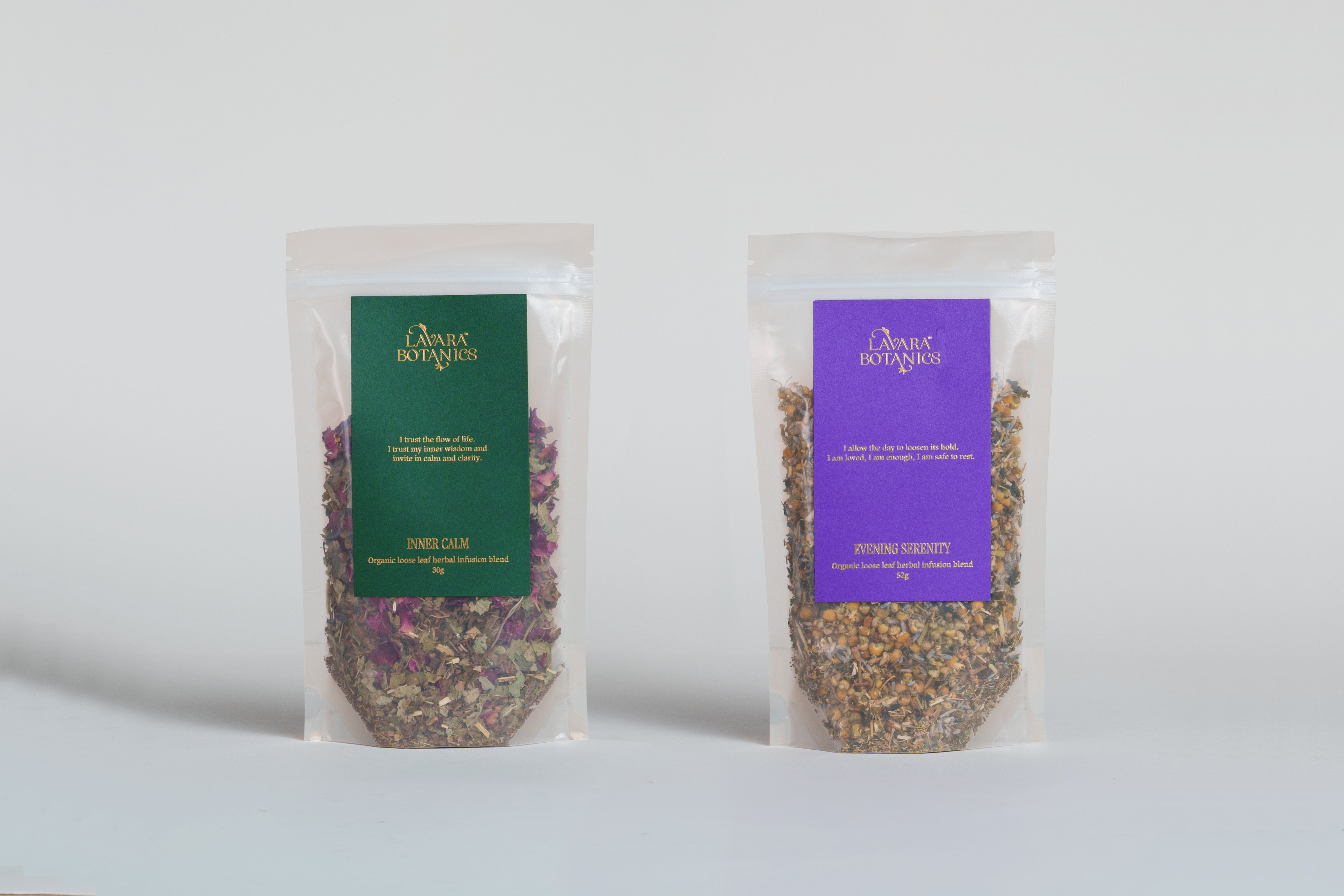 Lavara Botanics organically certified signature herbal blends against a white background