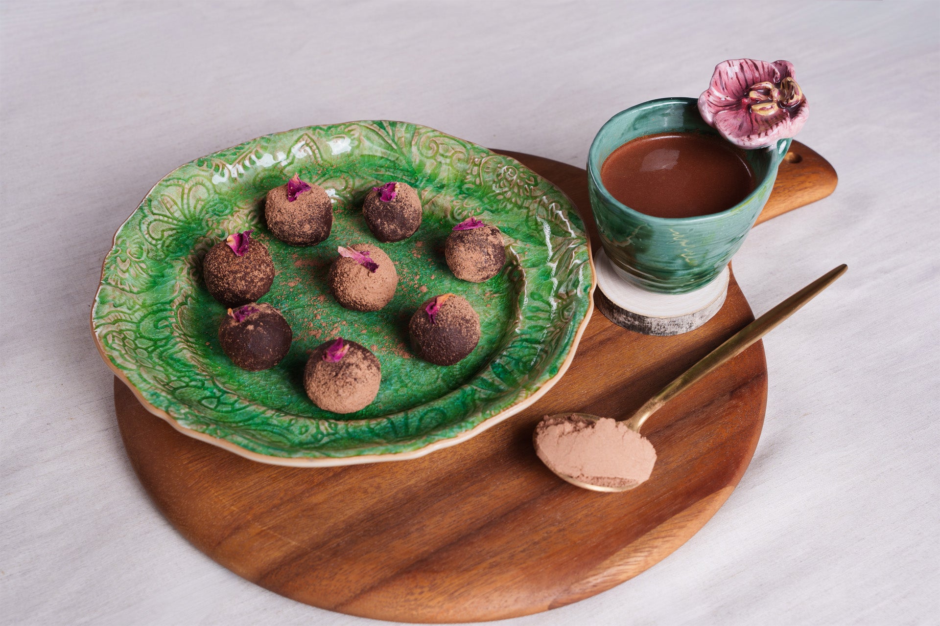 Lavara Botanics rose ceremonial cacao and cacao bliss balls 